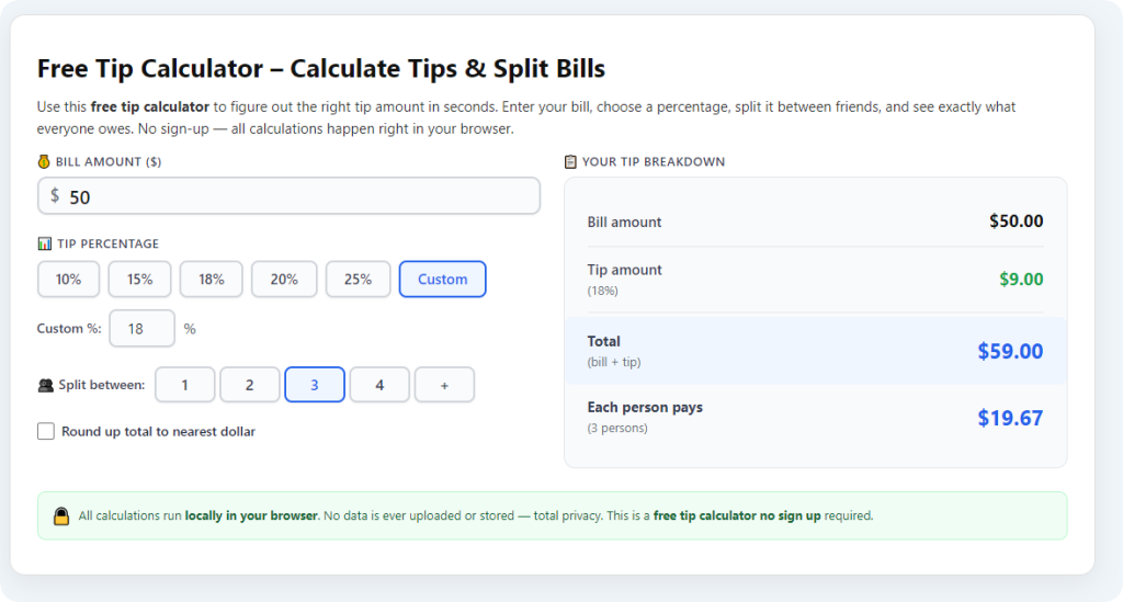 Free Tip Calculator No Sign Up or Hidden Fees