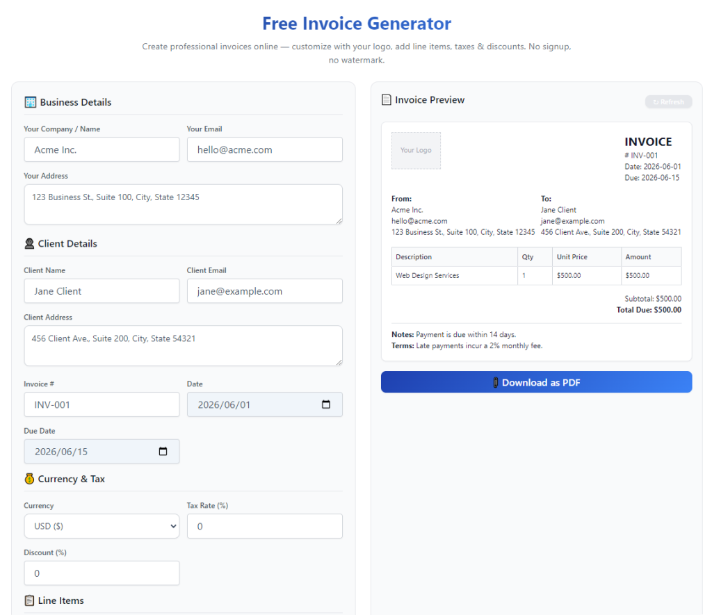 Free Invoice Generator No Registration Needed