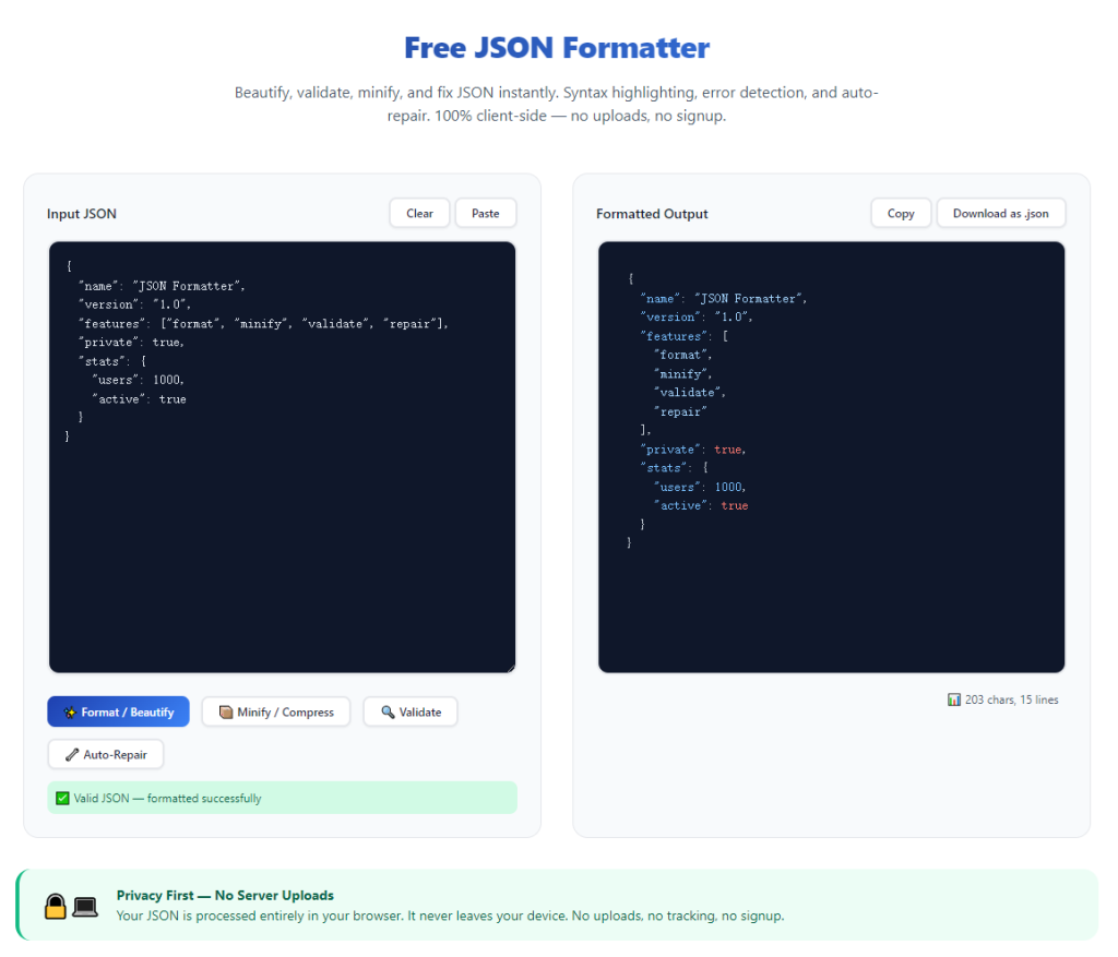 Free JSON Formatter With Custom Indentation Settings