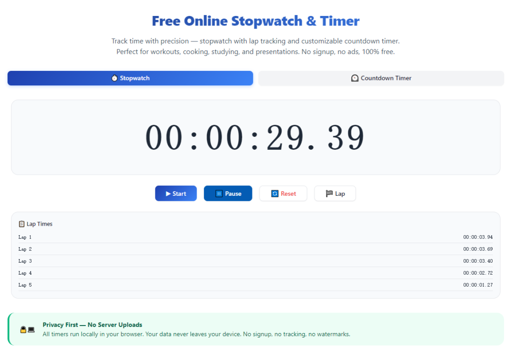 Free Stopwatch & Timer No Download No Signup