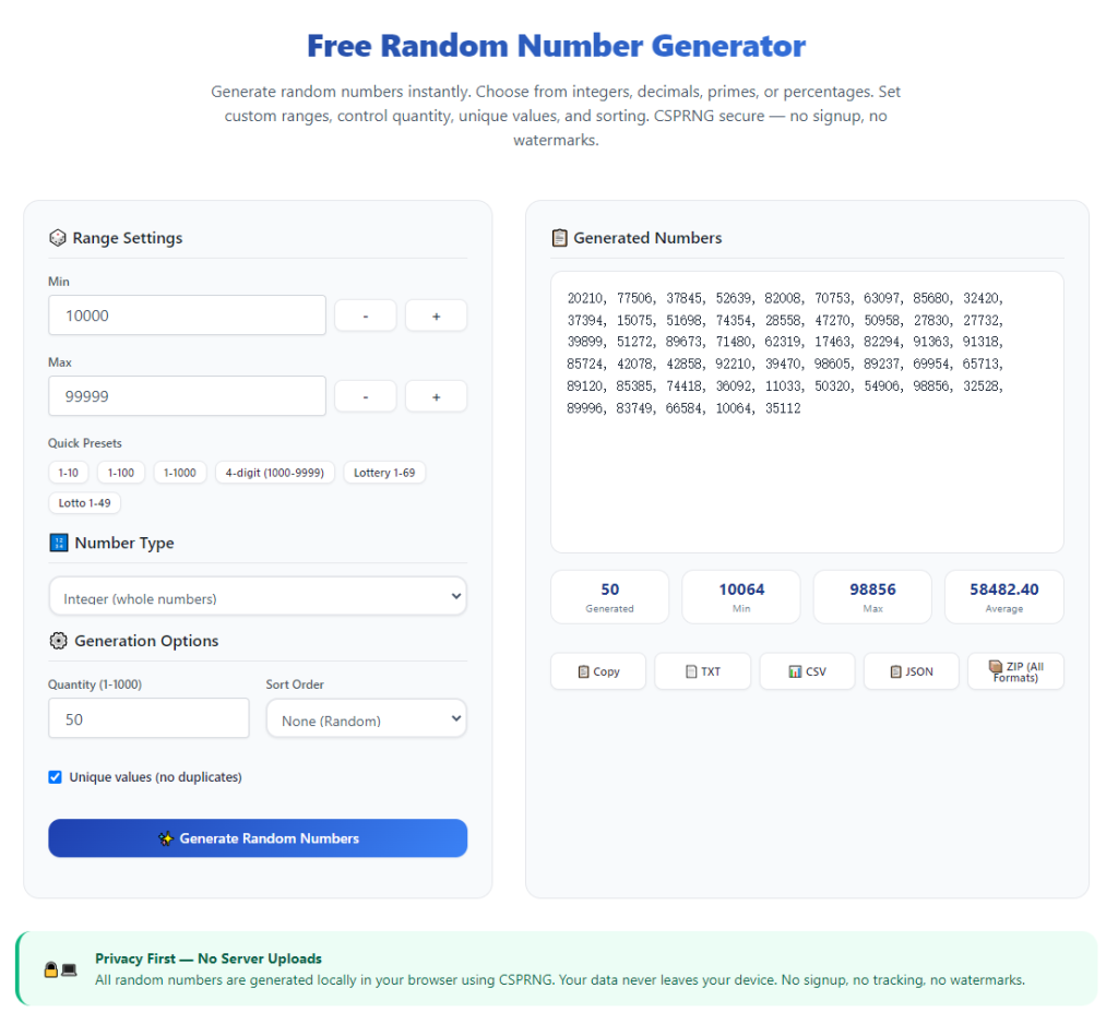 Free Random Number Generator No Sign Up