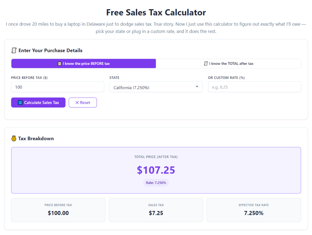 Sales tax calculator with all US state local rates